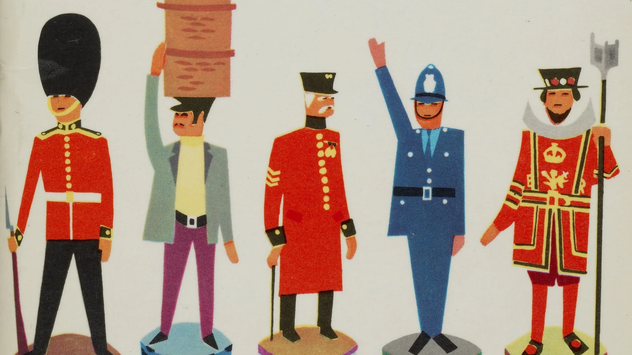 1968 london souvenir postcard featuring colorful, stylized illustrations of british guards and iconic uniforms.