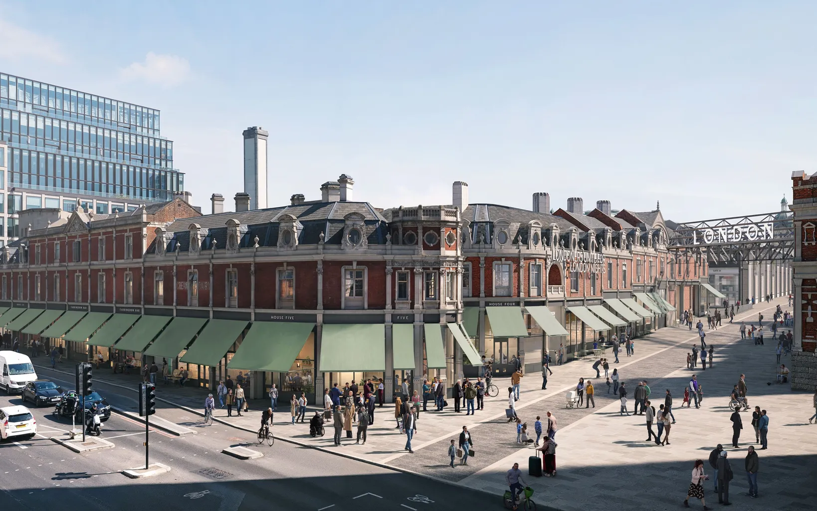 Street view of a historic brick building with green awnings, busy with pedestrians; modern glass offices and a metal footbridge visible in the background.