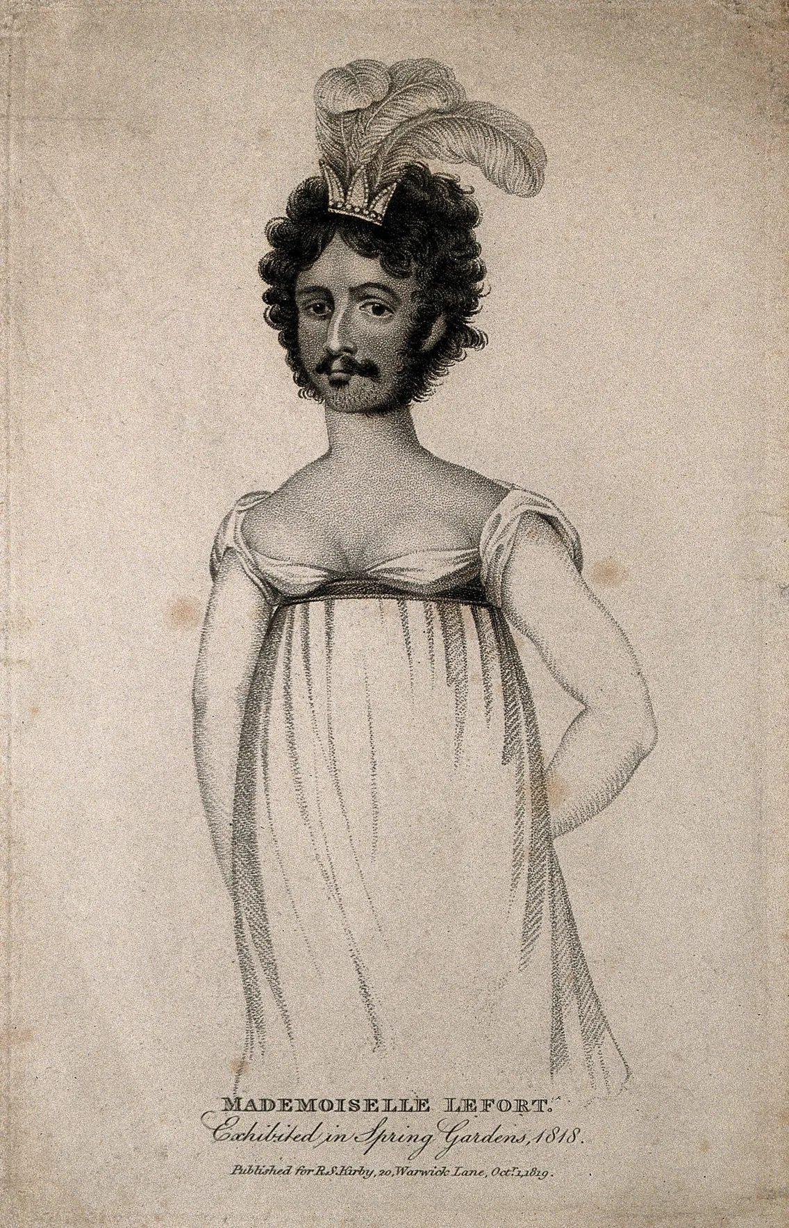 An illustration of a man with curly hair, a moustache and a woman's body