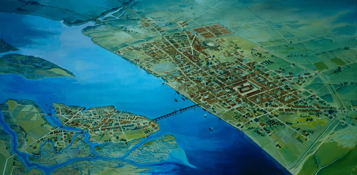 Aerial illustration of an ancient city with a river, a large bridge connecting two land areas, and clusters of buildings surrounded by fields and water.