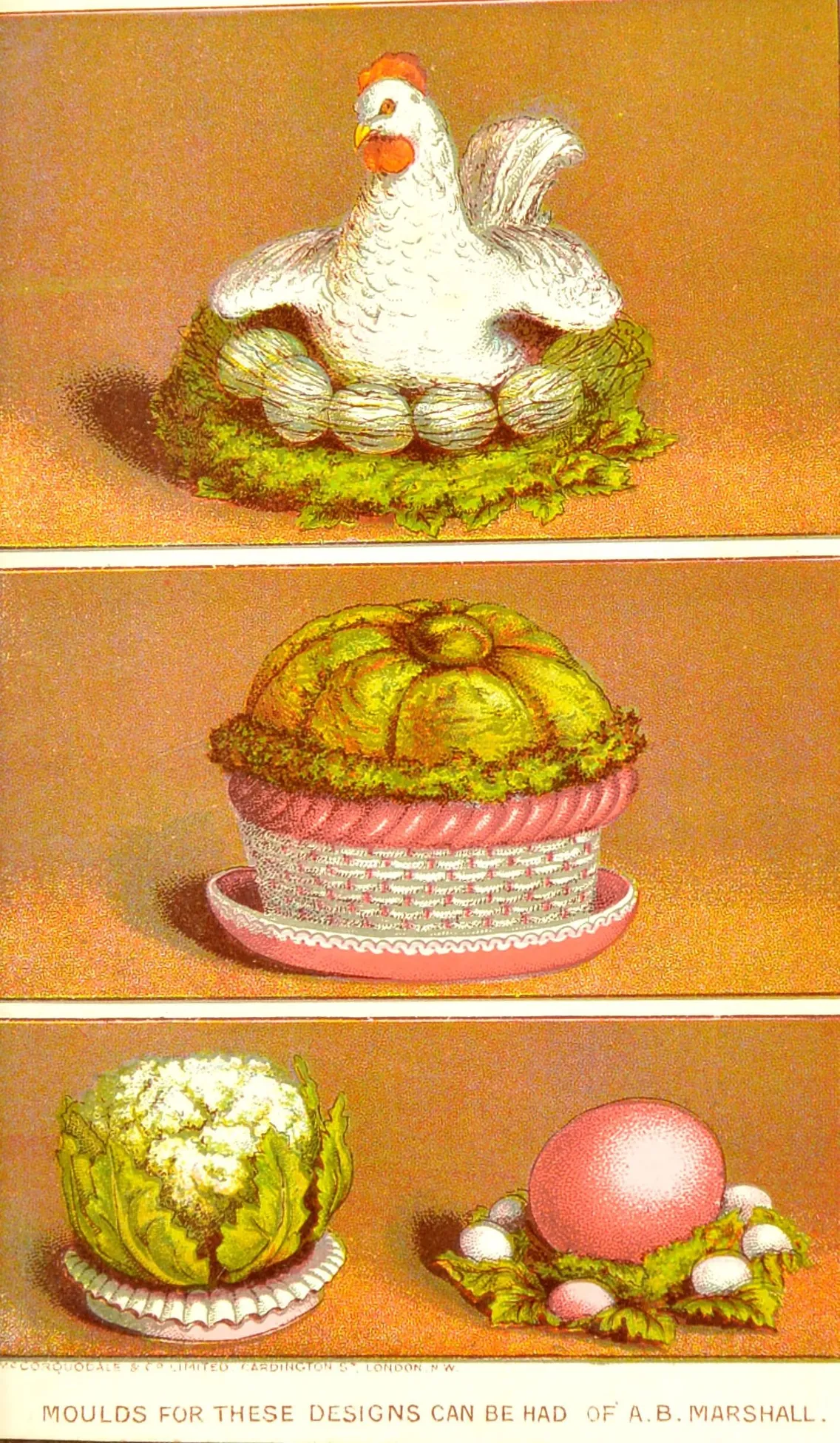 Three decorative food displays: a chicken on eggs, a domed mold dessert, and a cauliflower with a pink egg, each presented on a plate with garnish. Text at bottom advertises moulds for designs.