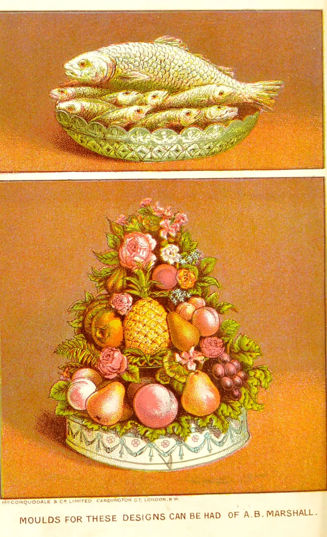 Two ornate gelatin molds: the top shaped like stacked fish, the bottom shaped like a pyramid of assorted fruit and flowers.