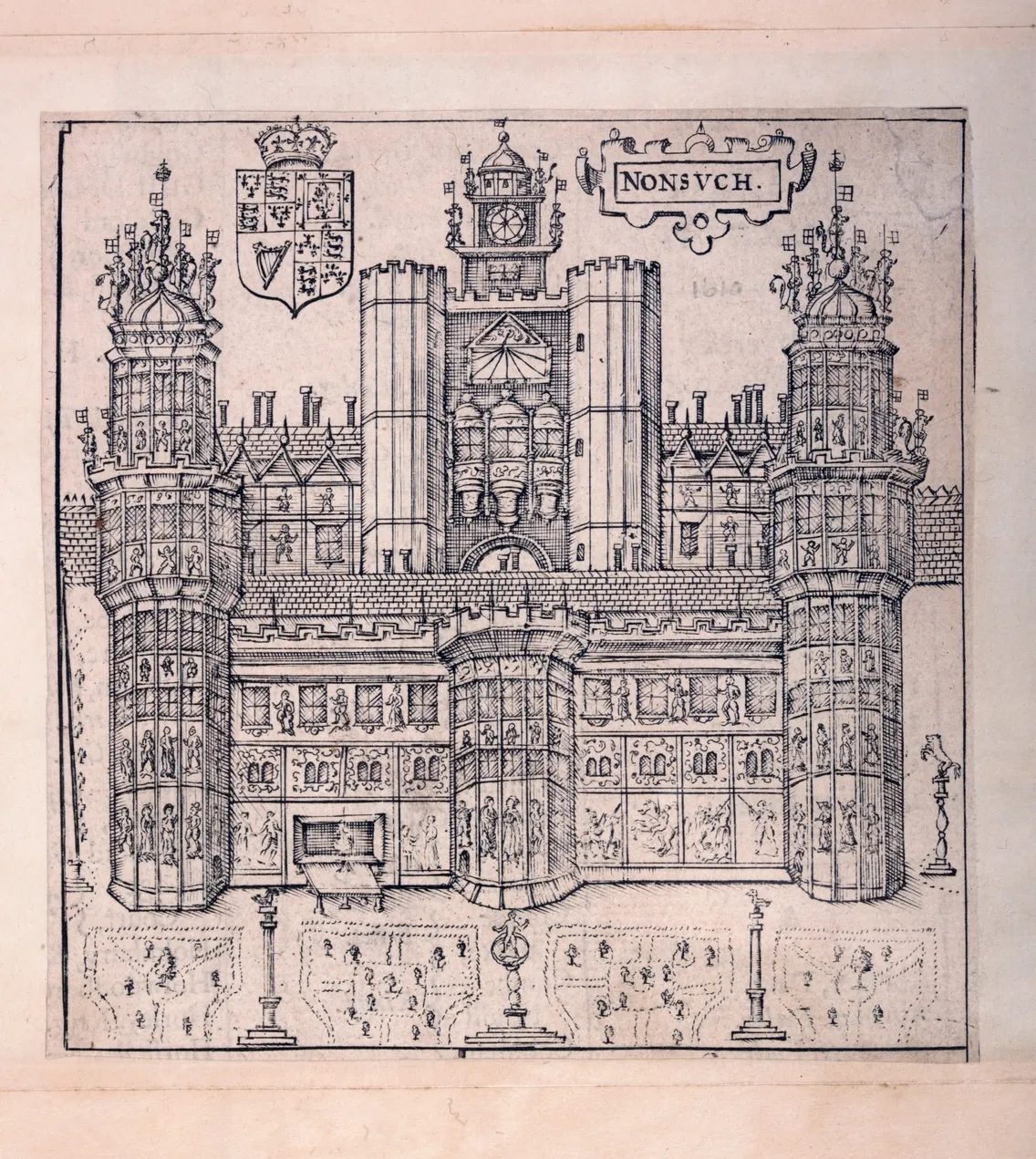 Detailed illustration of an ornate fortress façade from 1618, featuring multiple towers, heraldic shields, and intricate architectural decorations.