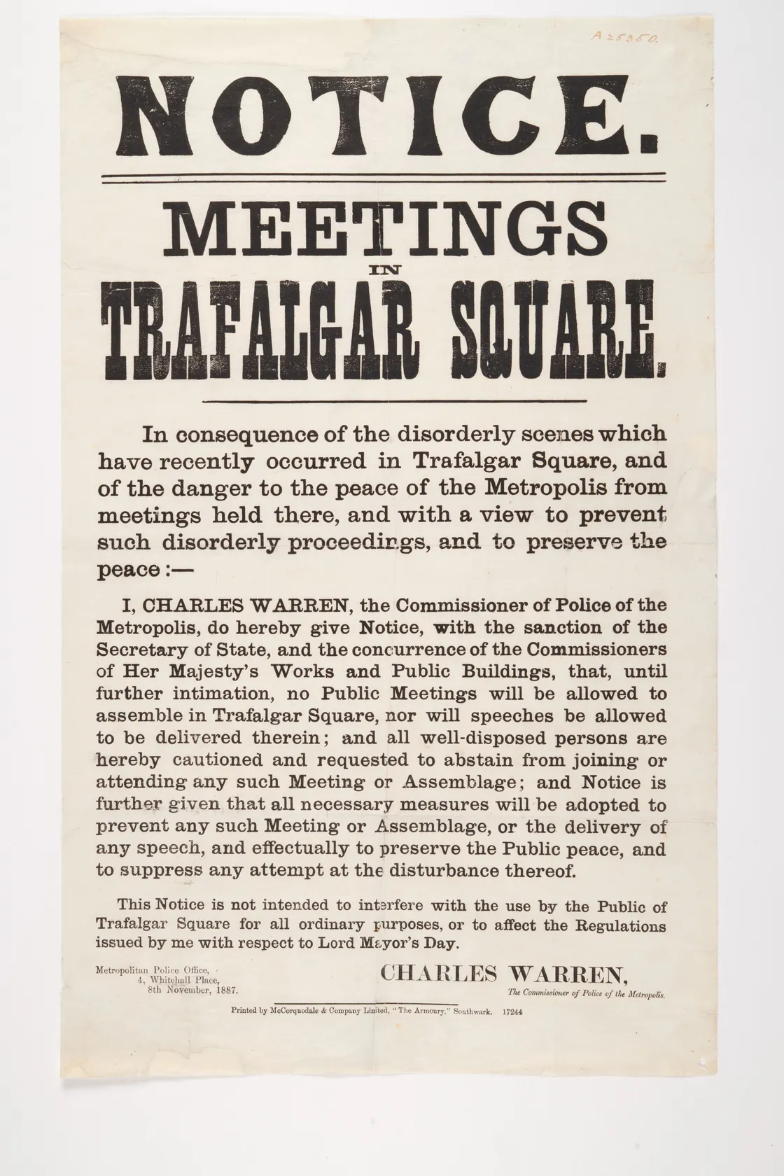 Printed public notice prohibiting meetings and assemblies in Trafalgar Square, signed by Police Commissioner Charles Warren, citing concerns over disorderly conduct and public safety.