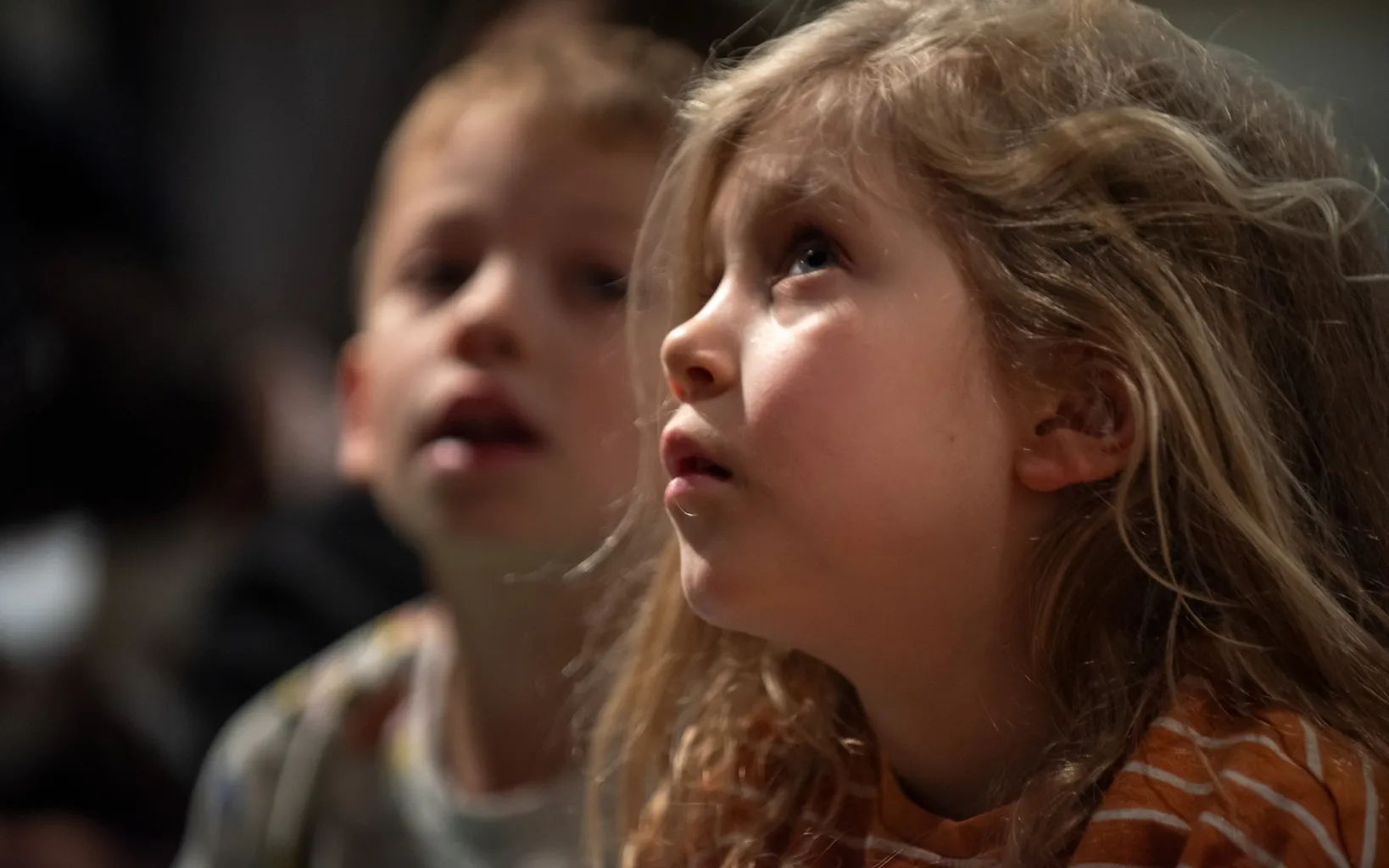A profile of a young girl who looks with interest at something before her. A young boy is blurring in the background.