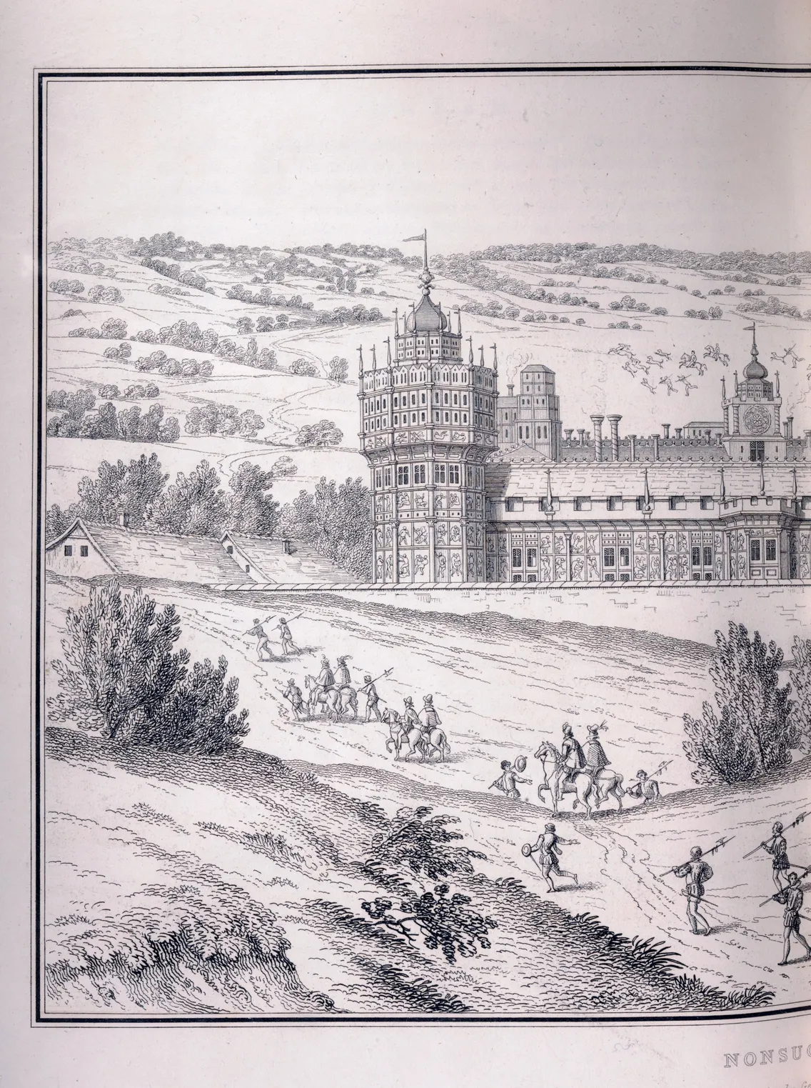 Engraving of a grand castle amidst rolling hills, featuring figures on horseback and pedestrians in the foreground.