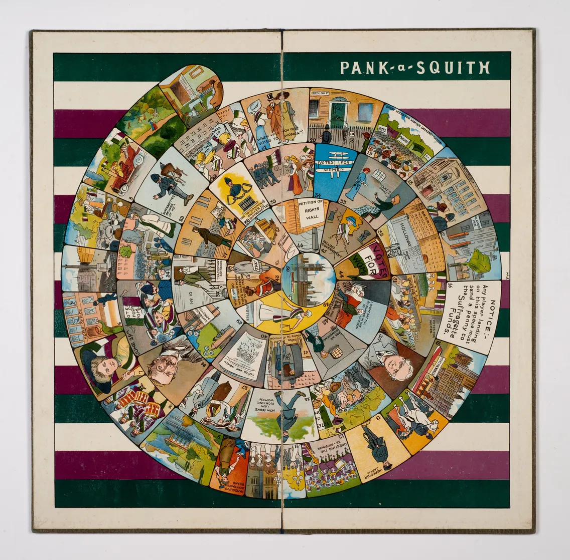 Vintage board game "pank-a-squith" featuring a circular track with illustrated scenes, divided into colorful sections, relating to the women's suffrage movement.