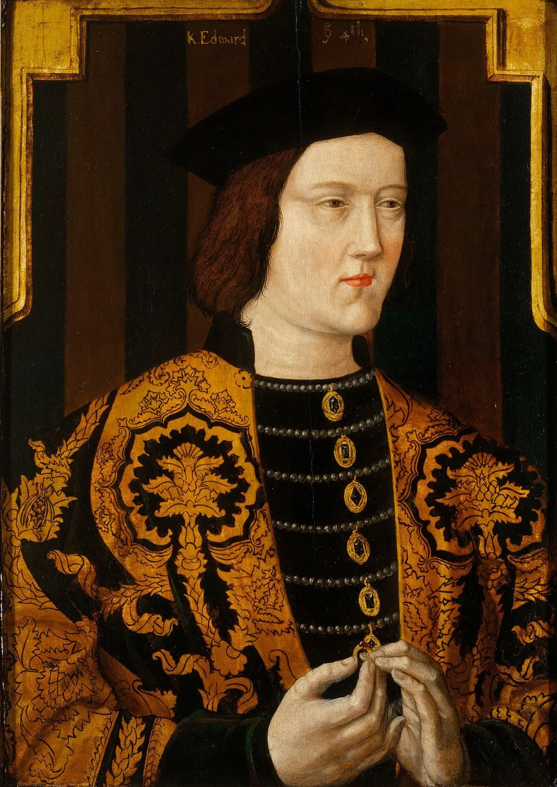 A medieval painted portrait of a man wearing an elaborate jacket and looking off to the side