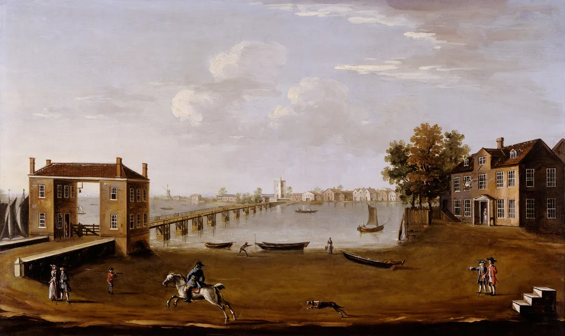 A riverside scene near old Putney, with village buildings, a long wooden bridge, boats on the water, and people walking or riding horses in the foreground under a cloudy sky.