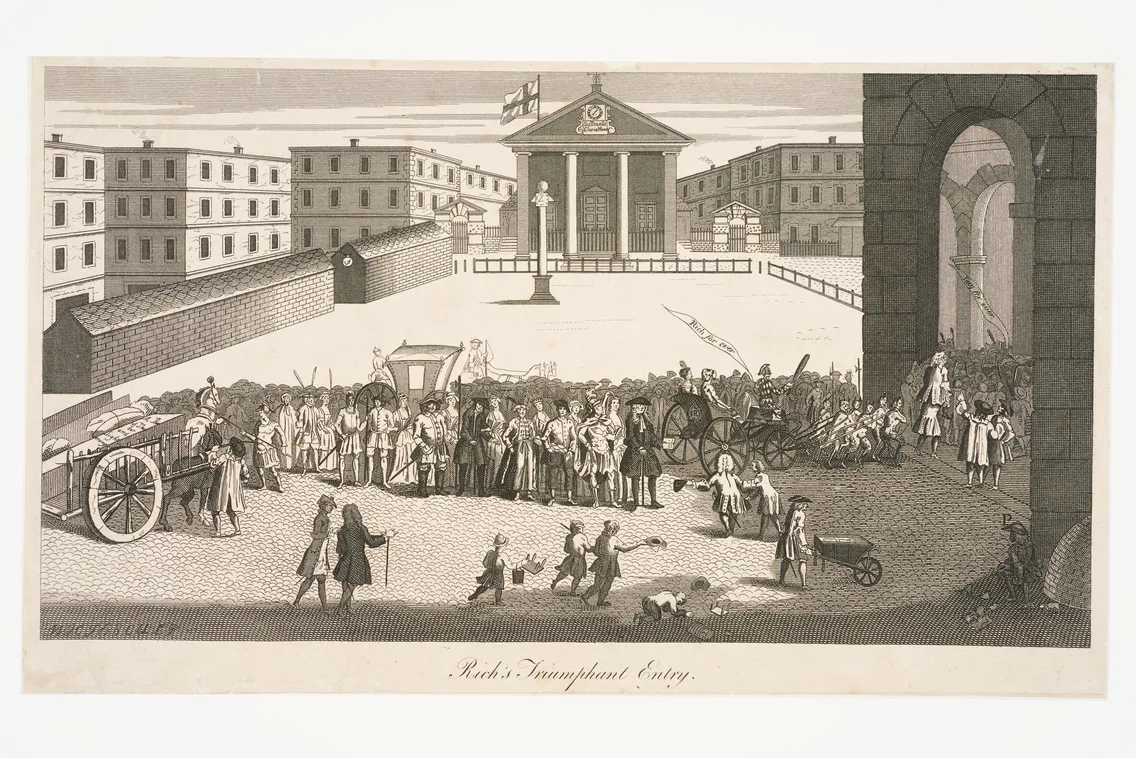 Historical illustration depicting a bustling scene of people, horses, and carriages in front of a large building with a flag. The caption reads "Roch’s Triumphant Entry.