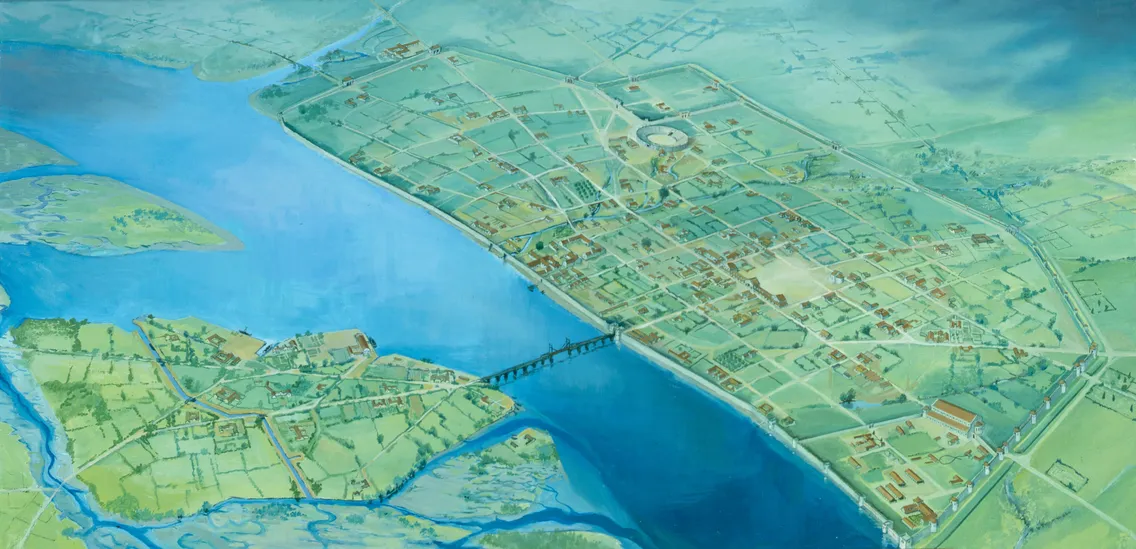 Illustrated aerial view of an ancient city with a river running through it, a large bridge connecting two areas, and various buildings and roads visible.