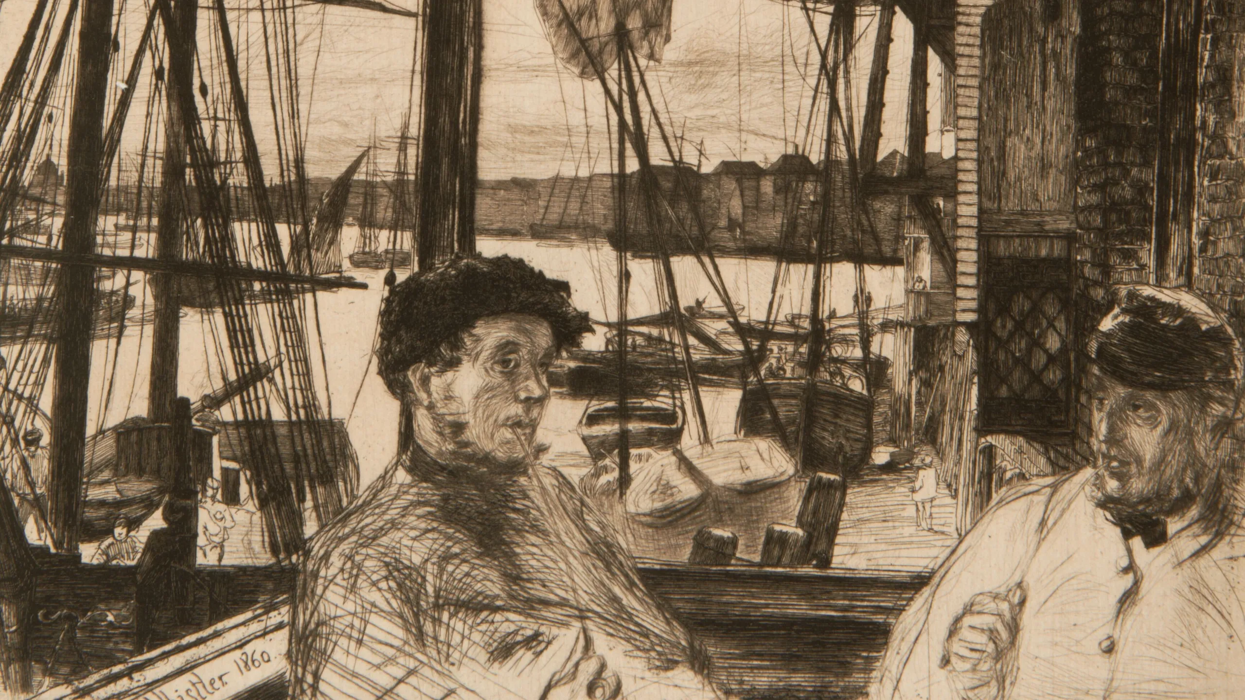 Etching on paper with plate mark. Etching showing two men smoking long pipes in the foreground, with the Thames in the background and boats.