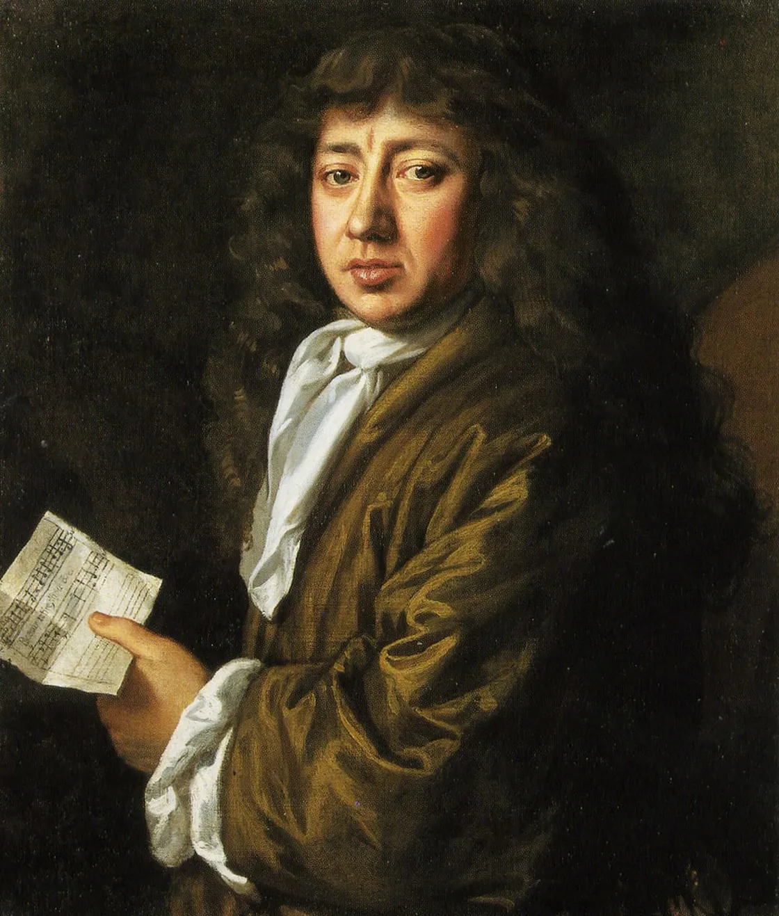 A man with long dark hair, wearing a brown coat and white scarf, holds a sheet of paper with writing and musical notes, posing against a dark background—reminiscent of Samuel Pepys in his scholarly pursuits.