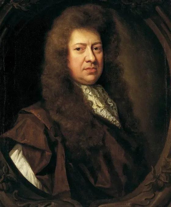Oil painting of Samuel Pepys, a man with long curly brown hair, wearing a brown cloak and a white lace collar, posed against a dark background.