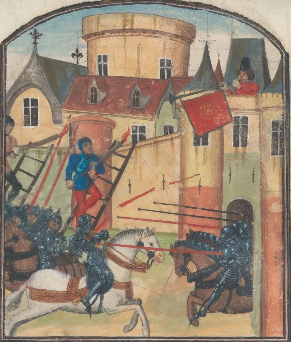 Armoured soldiers entering a village with a castle in the background