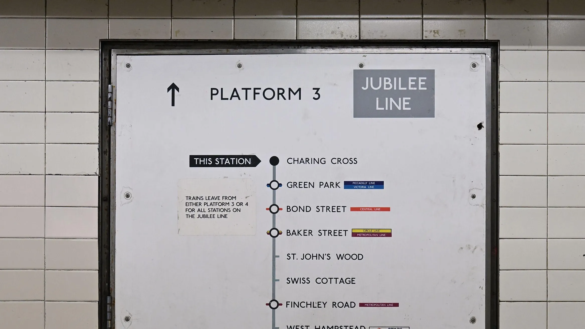 3BJ9T03 Sign for the disused Jubilee Line inside the disused section of Charing Cross tube station - part of a Hidden London tour