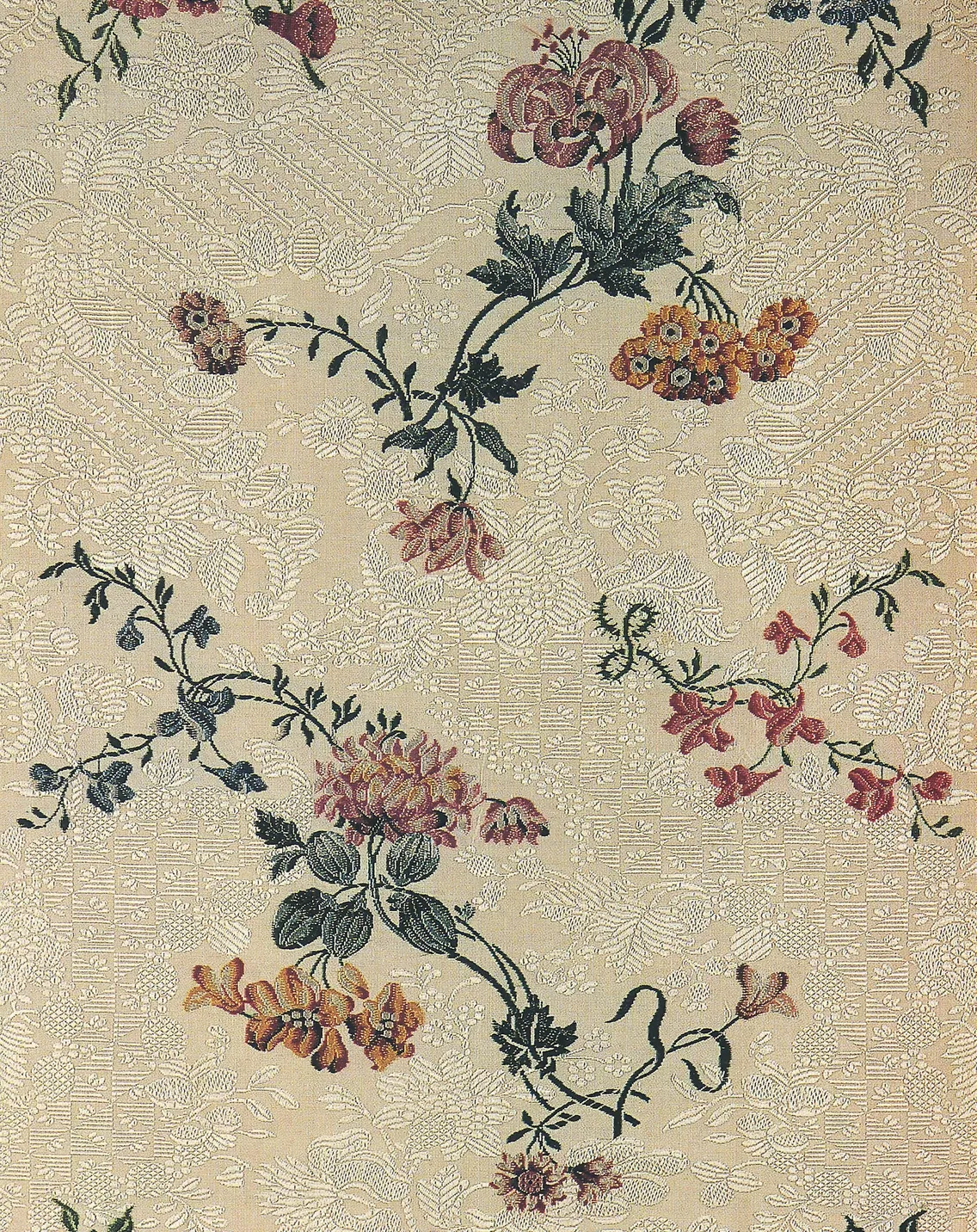 Close-up of a panel of cream-coloured silk fabric showing a floral pattern