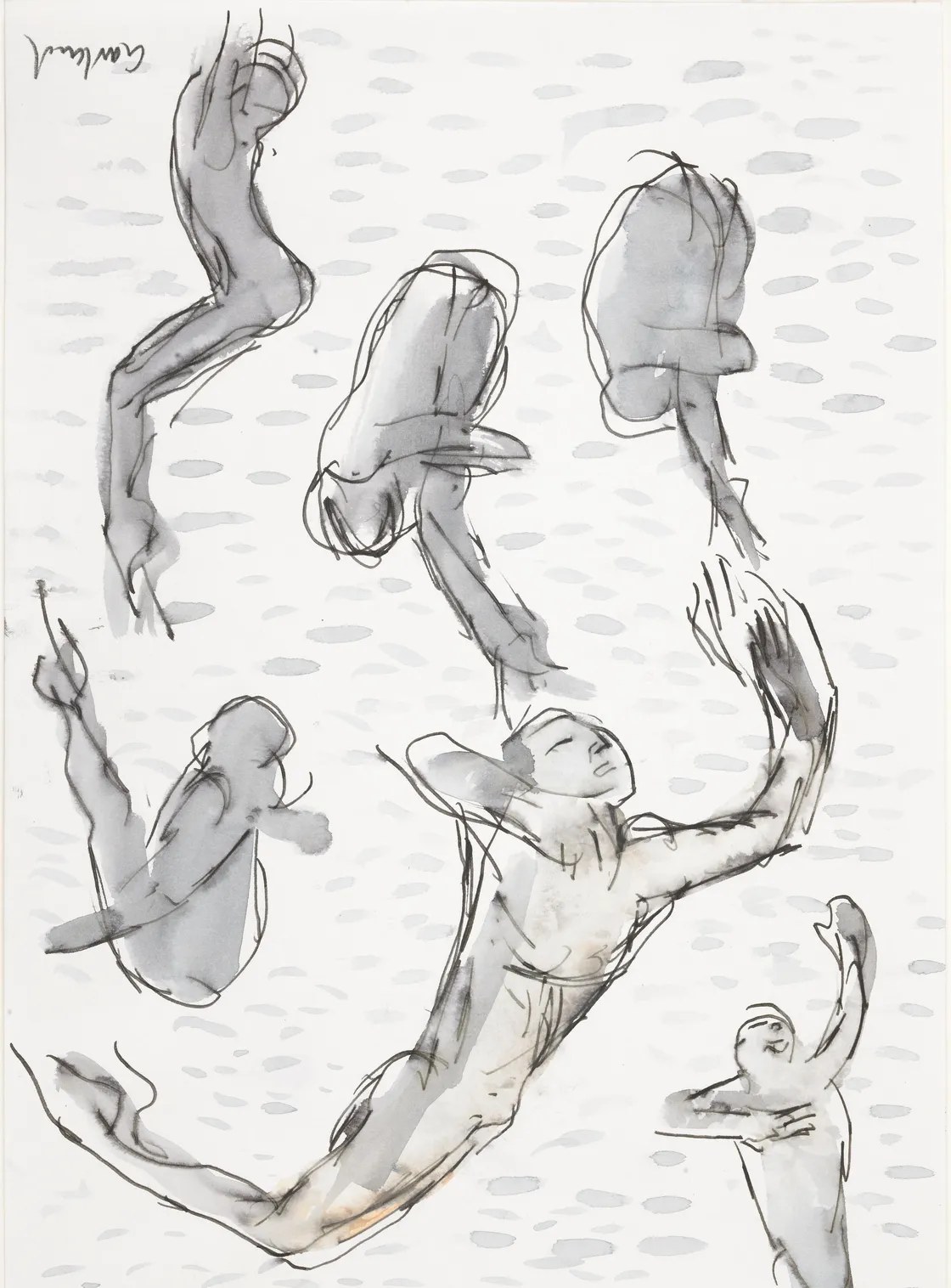 Ink sketches of five divers in various poses against a white background with light gray spots.
