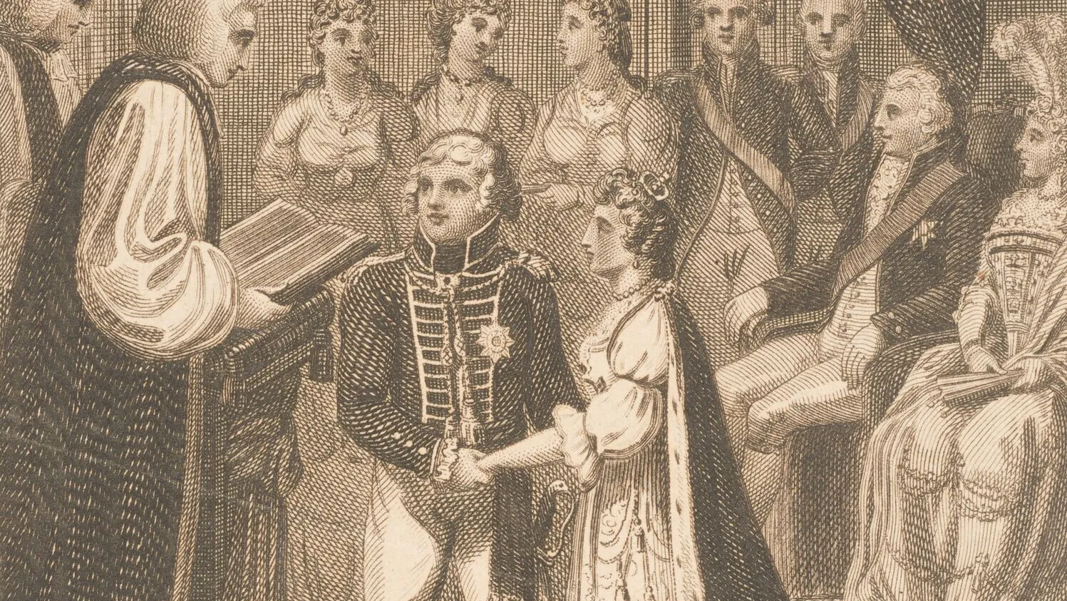 Engraving depicting the solemnization of the marriage vow between the Prince and Princess of Wales on April 8, 1795. The Archbishop of Canterbury is officiating; witnesses are present.