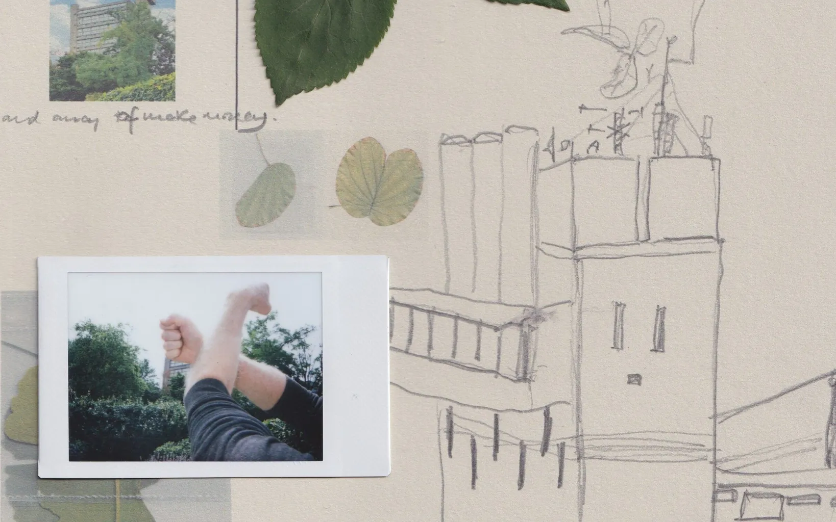 A collage featuring a pencil sketch of a building, pressed leaves, handwritten text, and a photo of crossed arms in front of greenery.