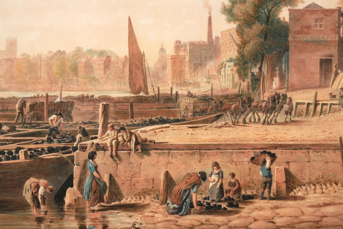 A colourful scene of people and horses working alongside the river, with coal being unloaded into carts and women and children scavenging for dropped coal