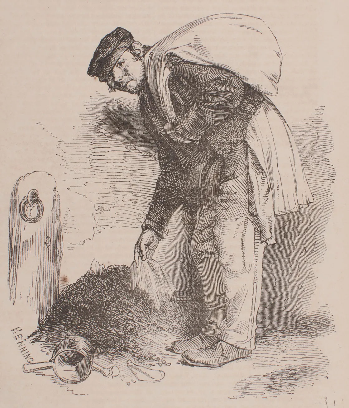 An illustration of a person looking towards us, with a large sack slung over his shoulder