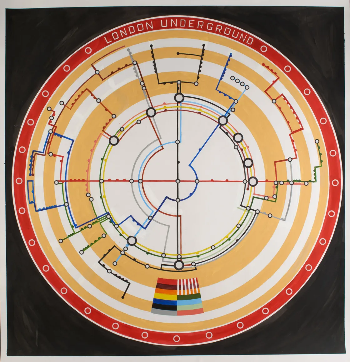 Artistic rendition of the london underground map with circular lines and colorful station markers on a black background.