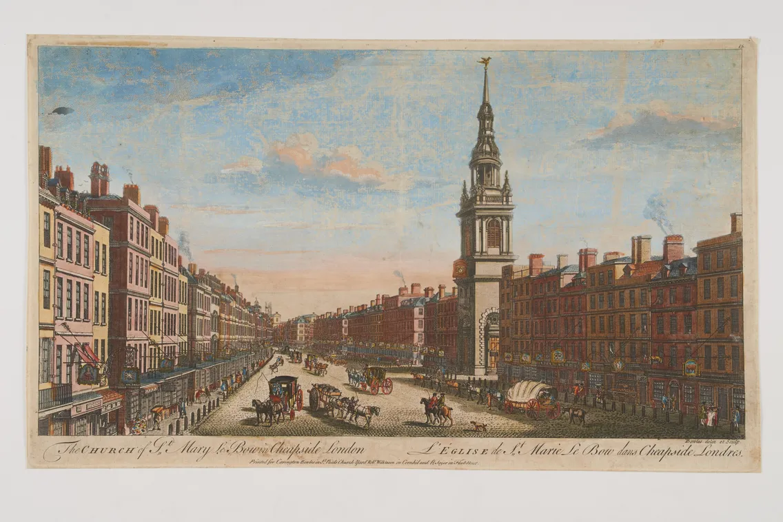 A historic print of Cheapside filled with people and carriages showing the rebuilt church of St. Mary Le Bow on the right