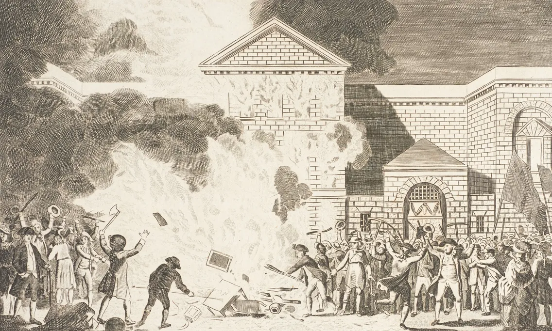 An illustration of a fire breaking out at a building with a large group of men outside cheering and raising their hats