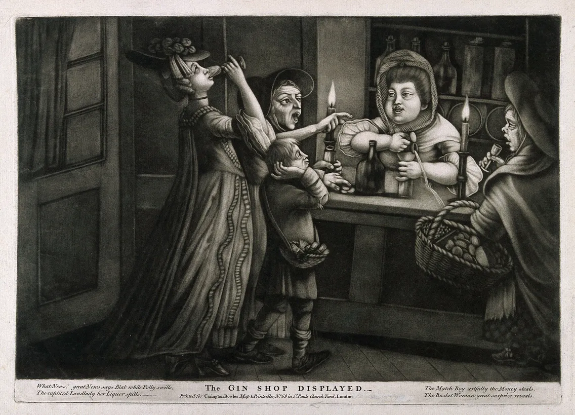 A black and white print showing five people drinking gin by candelight
