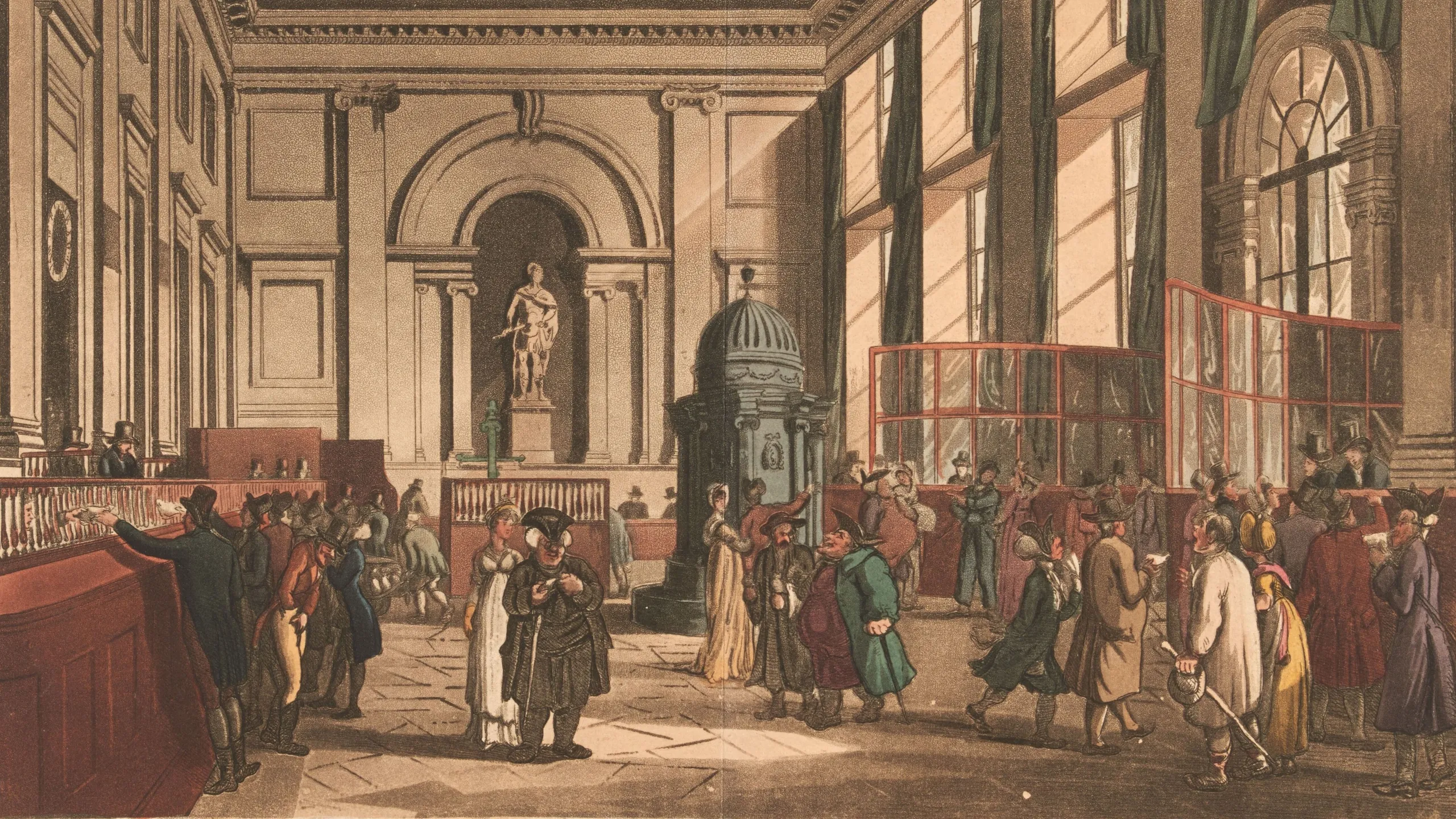 An illustration titled "the great hall, bank of england" depicting a spacious hall with people in 19th-century attire and a classical statue at the end.