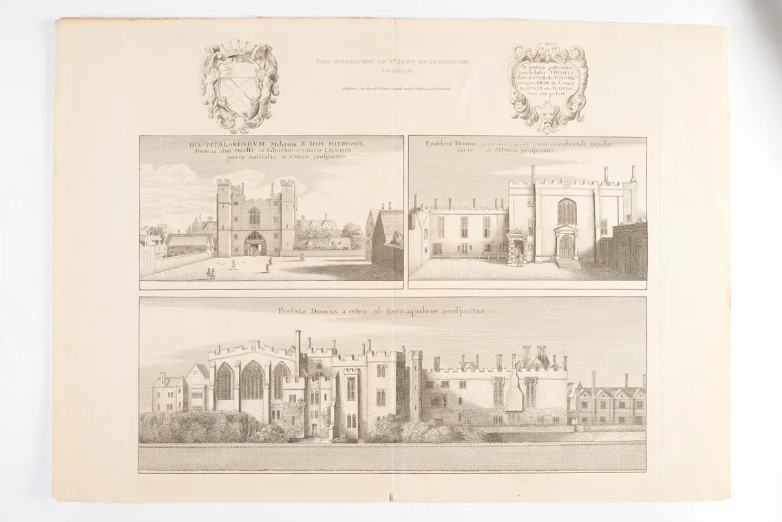 A print showing three black and white drawings of monastery buildings