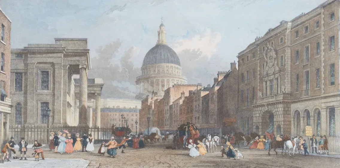 An illustration showing the dome of St Paul's in the background with buildings either side and milling people in a square in the centre