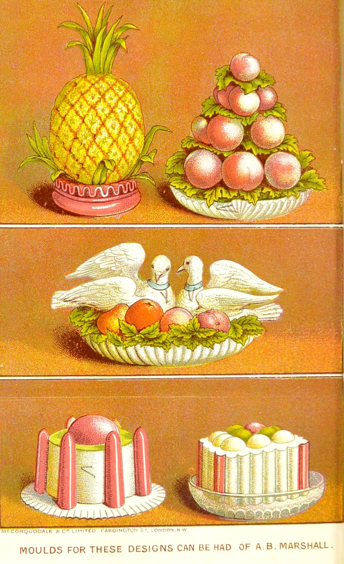 Four vintage dessert displays: a molded pineapple, a pyramid of peaches, two swans with fruit, a red and white gelatin mold, and a pastel-striped gelatin mold, all on plates.