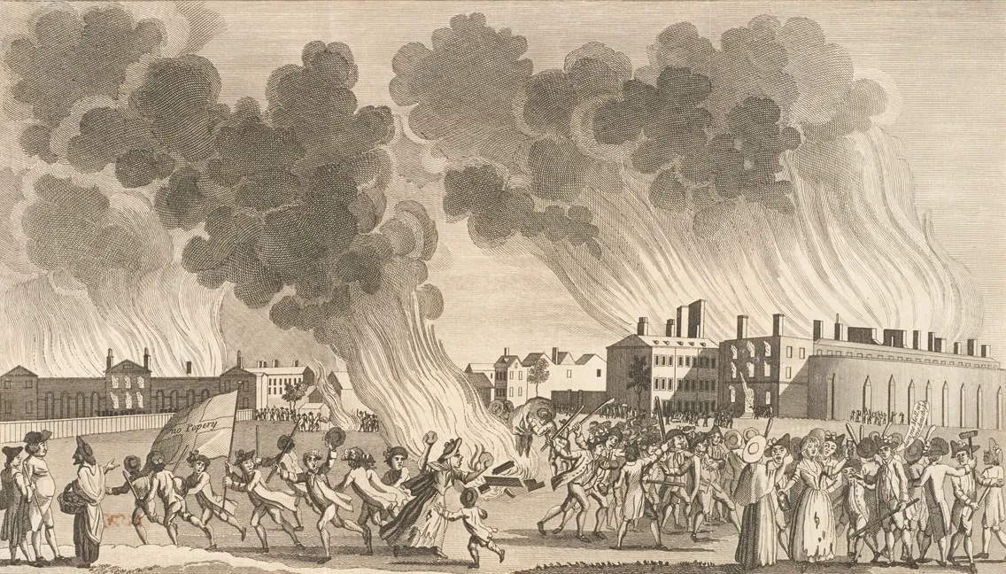 An illustration of several buildings on fire in the background and a large group of people in the foreground, with a group of them running away with a flag