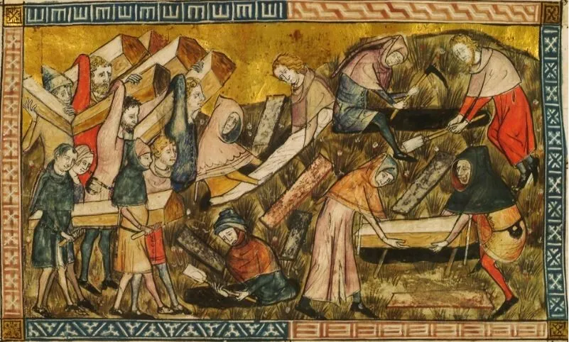 Medieval illustration of people burying bodies during the Black Death, with individuals digging graves and carrying coffins.