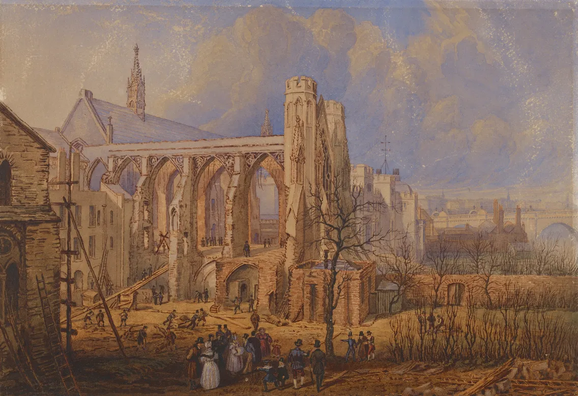 A historical painting depicting people gathered around the ruins of a large cathedral, with detailed stonework and a clear sky.