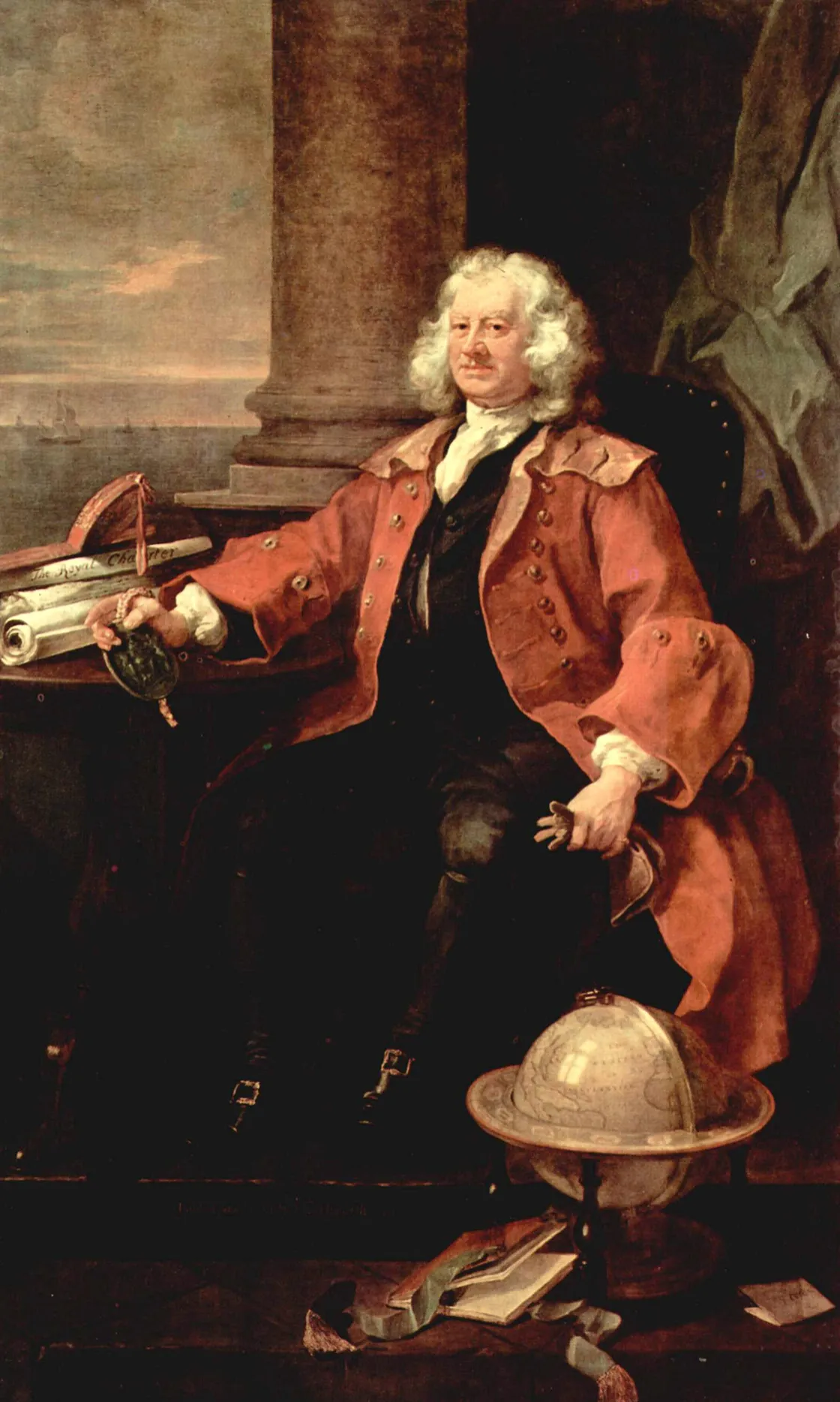 An older man with white hair in a red coat sits by a desk with navigation tools, maps, books, and a globe.