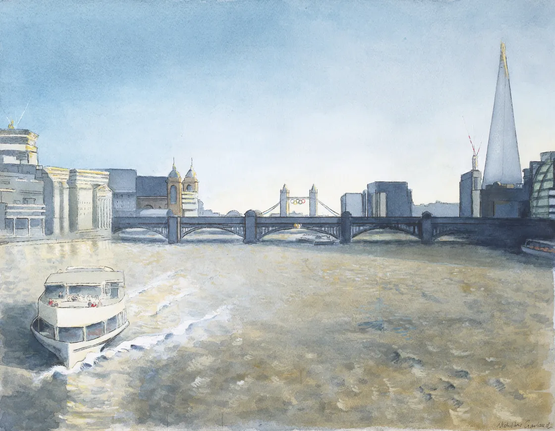 Watercolor painting of a boat on the River Thames with the Tower Bridge and modern buildings in the background, under a clear sky.
