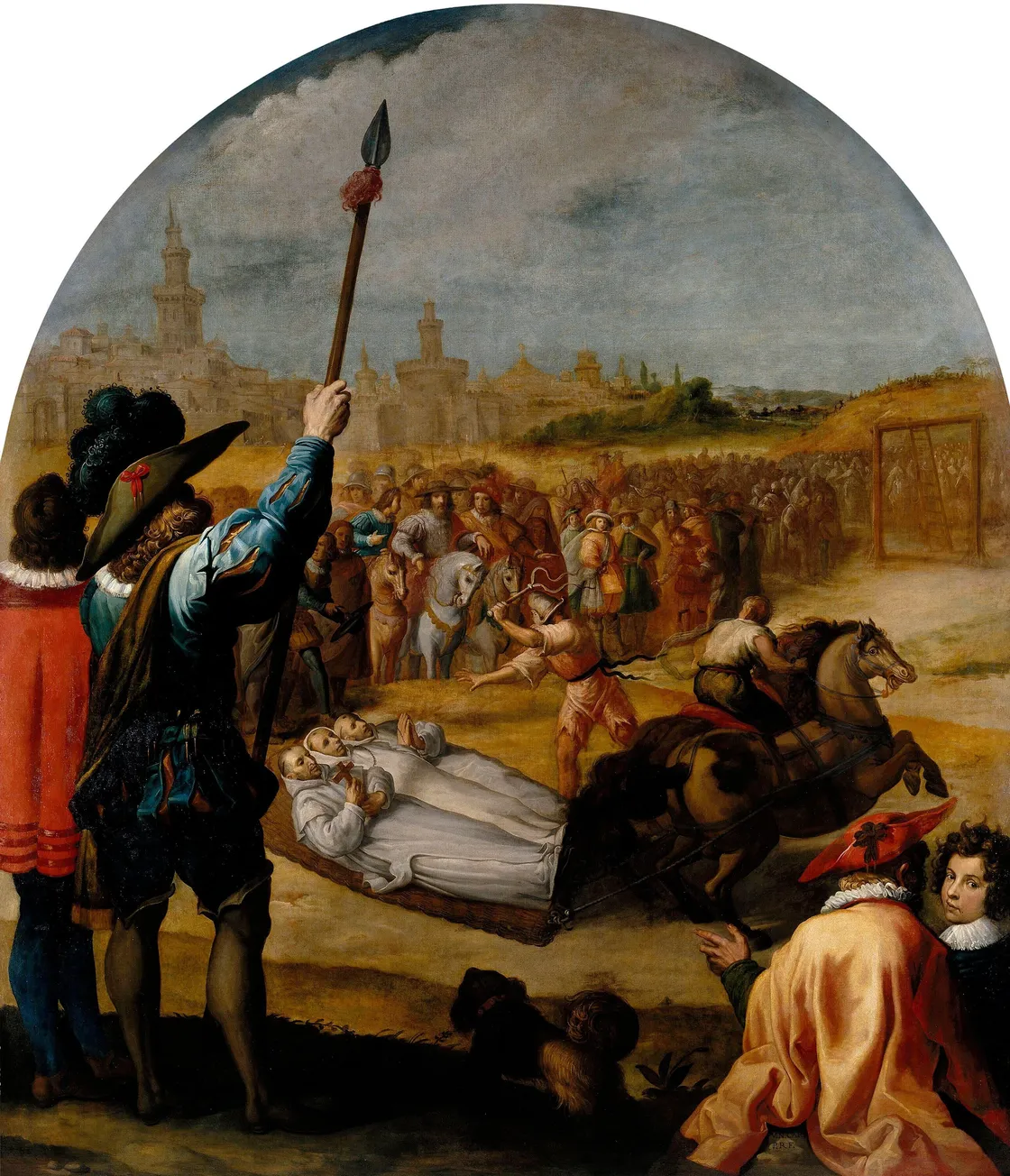 A crowd gathers as two small bodies in white shrouds are transported on a stretcher by horse, with armed guards and city buildings visible in the background.