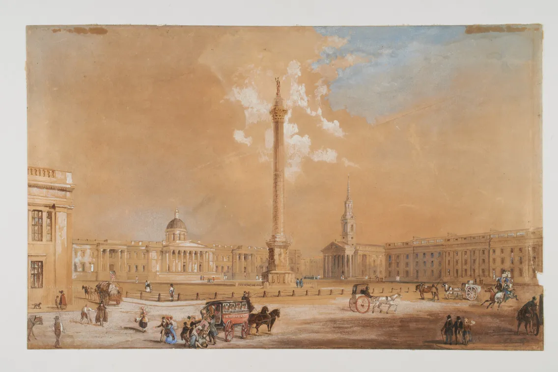 A painted view of a column within a square, with a domed building seen in the background and people, horses and carriages milling in the square