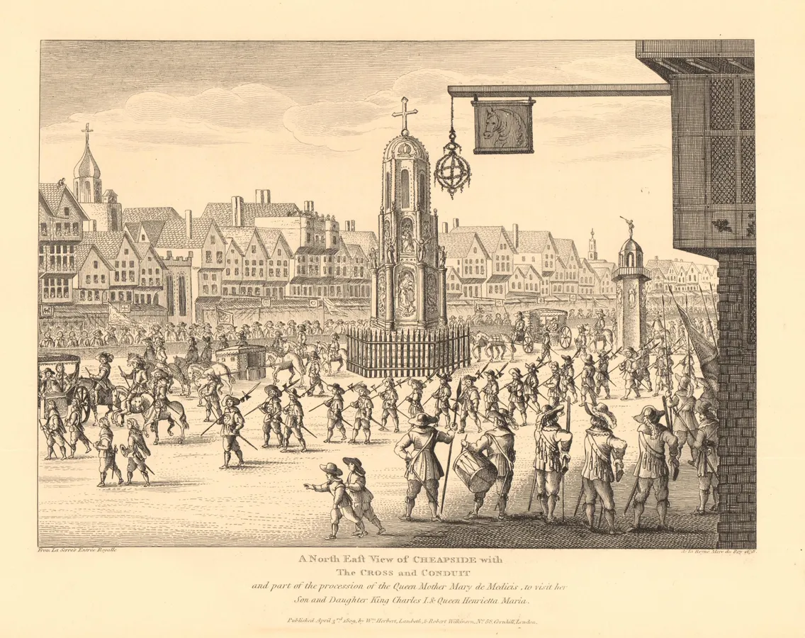 A historic engraving depicts a busy street scene in Cheapside, London with numerous people, buildings, and a notable landmark, referred to as "The Cross," in the center.