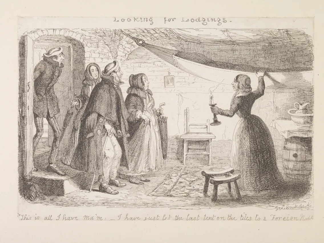 Antique illustration of a group of people inspecting a dimly lit room, offered by a woman holding a candle, with arched ceilings and rustic furnishings.