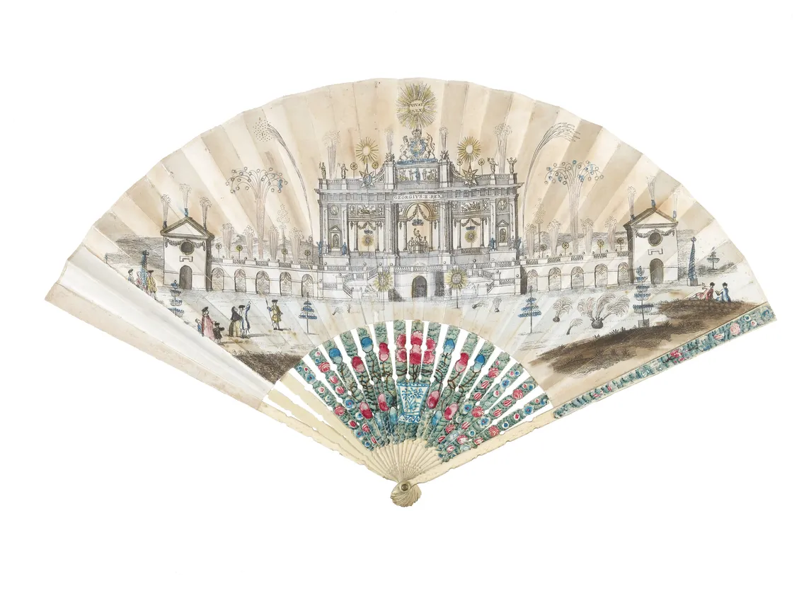 Antique hand fan featuring a detailed illustration of a grand architectural scene with figures, set against a cream background with decorative borders.