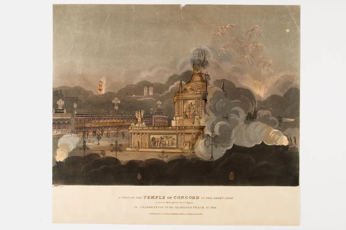 An antique illustration of a celebration at the temple of concord in cheltenham, 1838, with fireworks, a crowd, and smoke effects, under a night sky.