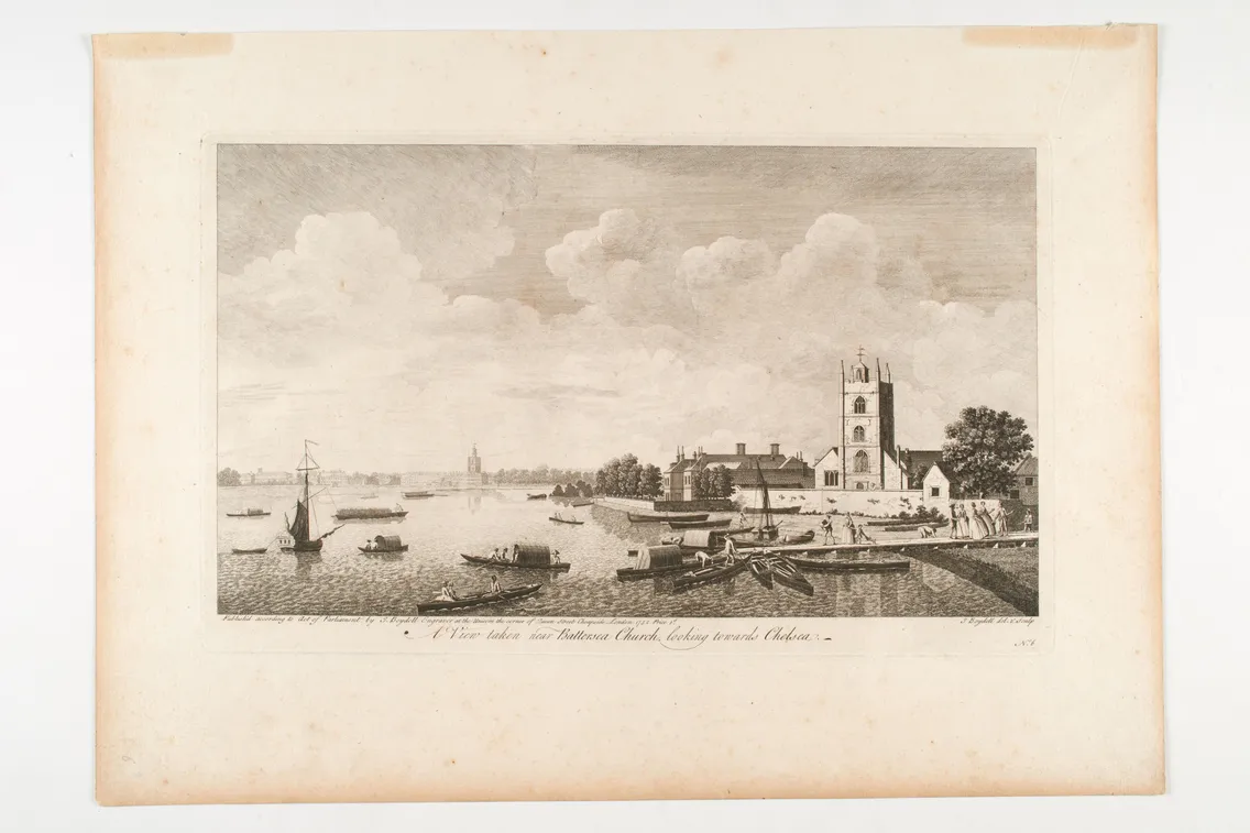 A sepia illustration of a church next to a river with boats and a sky in the background