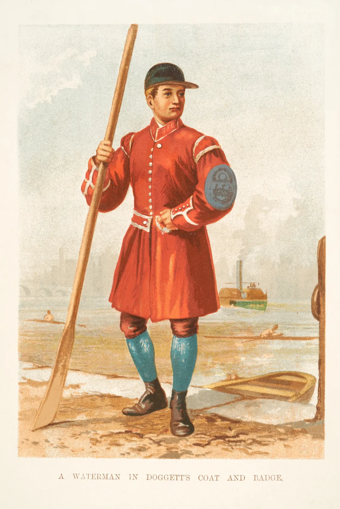 Illustration of a waterman in Doggett's coat and badge, holding a long oar, with a boat in the background.