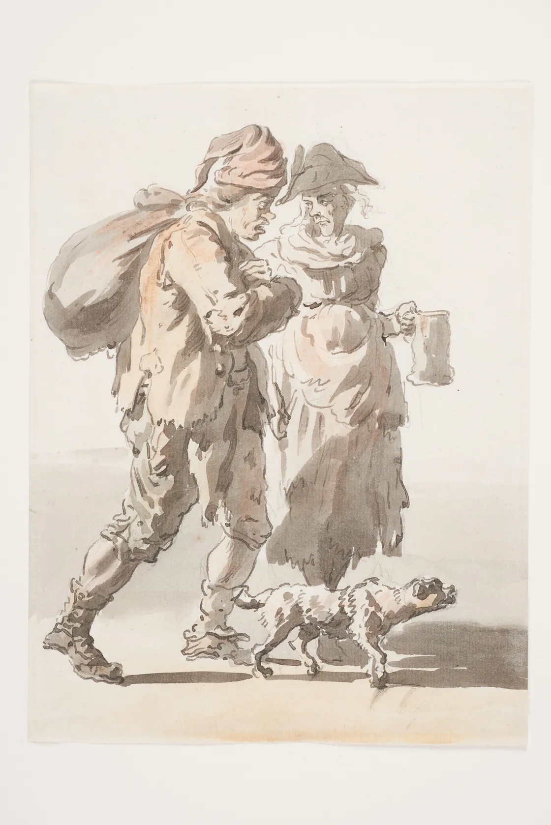 An 18th-century drawing of a couple walking with a dog; the man carries a sack and tankard, and the woman wears a long dress, both in hats.