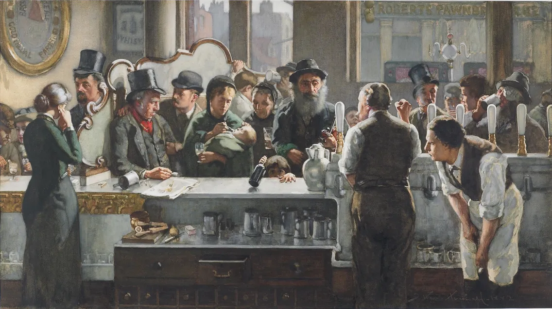 A gathering of people stood waiting to be served in a bar, with three bartenders behind the bar