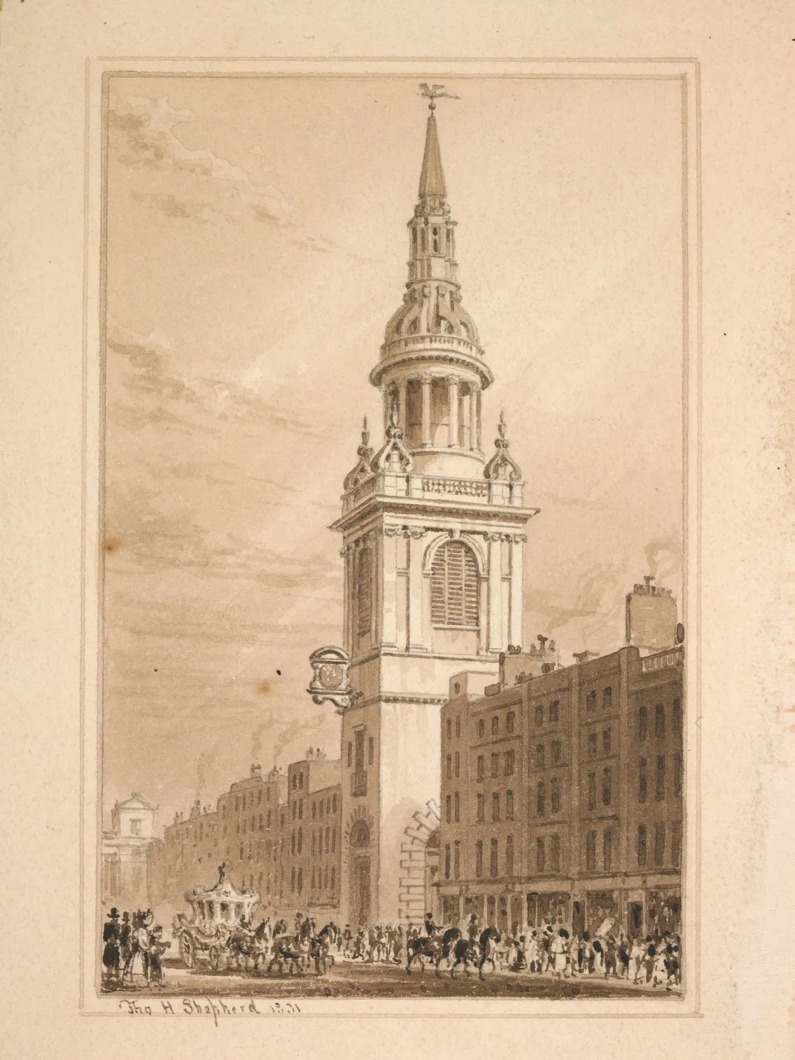 Antique illustration of st. martin-in-the-fields church in london with a bustling street scene featuring people and horse-drawn carriages.